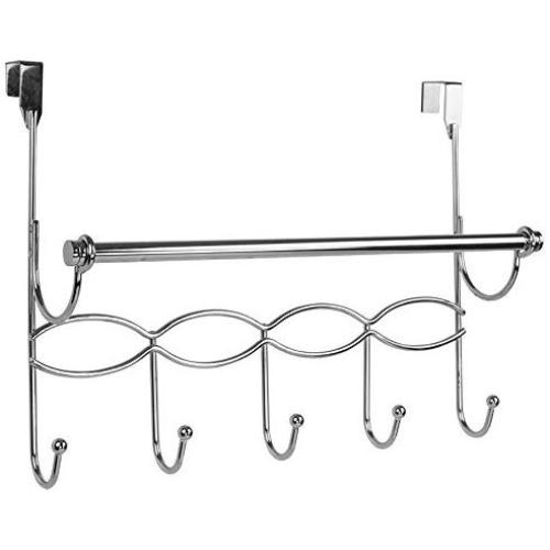Home Basics Steel Over the Door Hanger Hooks with Towel Bar, 5 Hook Rack for Coat, Clothes, bags, Robe, Chrome