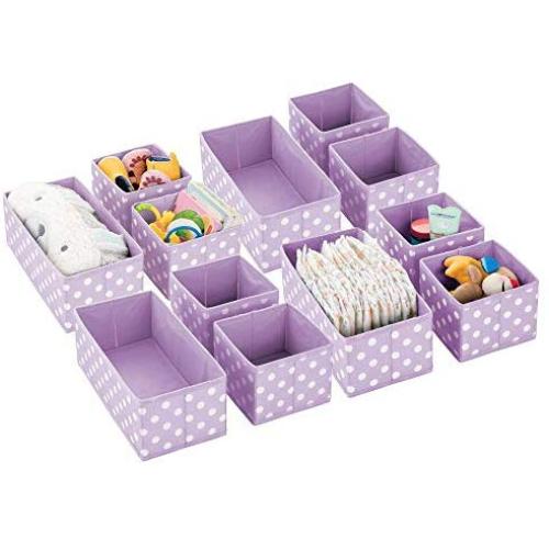 mDesign Soft Stackable Fabric Closet Storage Organizer Holder Boxes - Clear Window, Attached Lid, for Child/Kids Room, Nursery - Polka Dot Print - Set of 12 - Light Purple/White