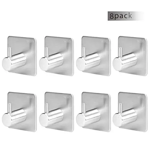 SEISSO 8 Pack Adhesive Hooks, Heavy Duty Wall Hooks, Stainless Steel Towel Hooks Hanger Waterproof Stick on Bathroom Home Kitchen Office for Hanging Robes, Umbrella, Clothes, Bag, Coat