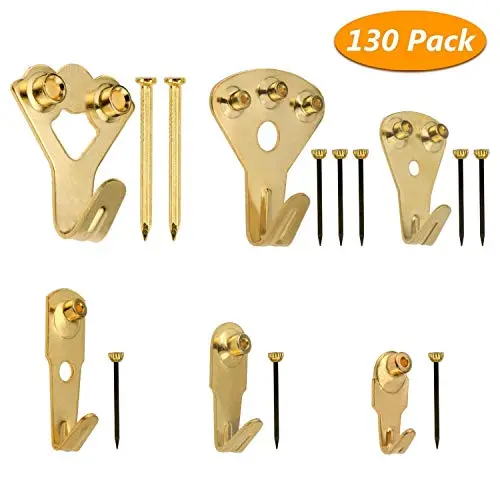 Fixget 130 Pcs Picture Hangers, Picture Hooks Heavy Duty Picture Frame Hangers (Gold)