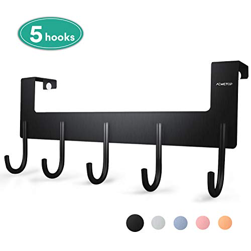 ACMETOP Over The Door Hook Hanger, Heavy-Duty Organizer for Coat, Towel, Bag, Robe - 5 Hooks, Aluminum, Brush Finish (Black)