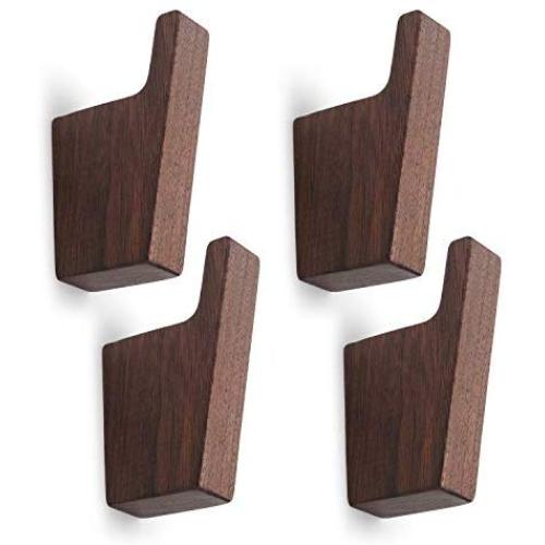 Pack of 4, Simple Style, Natural Black Walnut Wood Coat Hooks, Wall Mounted Modern Single Organizer Hangers, Wooden Hook Handmade Craft Clothes Hat Hanger Towel Umbrella Rack