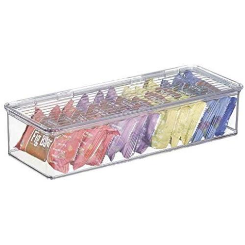 mDesign Stackable Kitchen Pantry Cabinet, Refrigerator/Freezer Food Storage Bin Boxes Container, with Lid - Holder & Organizer for Packets, Pouches, Snacks, Fruits, Produce, Pasta, Vegetables - Clear