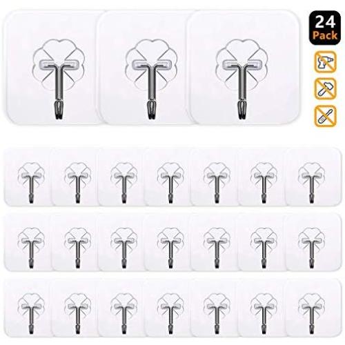 KALIM Wall Hooks, Seamless, Transparent and Reusable, 22lb(Max), Waterproof and Oil Proof, Heavy Duty Self-Adhesive Hooks for Bathroom, Kitchen, Wardrobe and shelve, etc.(24 Pcs)