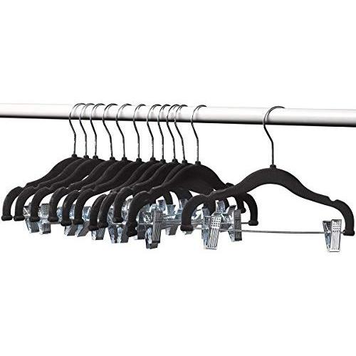 Home-it 12 PACK baby hangers with clips BLACK baby Clothes Hangers Velvet Hangers use for skirt hangers Clothes Hanger pants hangers Ultra Thin No Slip kids hangers