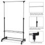 GOFLAME Garment Rack Adjustable for Hanging Clothes, Height Adjustable Clothing Hanging Rack with Wheels, 2-Layer Shoe Rack for Extra Storage, Portable and Heavy Duty for Balcony Bathroom