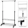 GOFLAME Garment Rack Adjustable for Hanging Clothes, Height Adjustable Clothing Hanging Rack with Wheels, 2-Layer Shoe Rack for Extra Storage, Portable and Heavy Duty for Balcony Bathroom