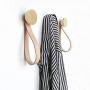 Round Beech Wood & Brass Wall Hook with Leather Loop - Modern design wall mounted coat hanger