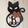 Monogram Black Cat Door Hanger - Halloween Door Hanger - Black Cat Initial Wreath - Fall Door Hanger - Black Cat Wreath - Halloween Decor