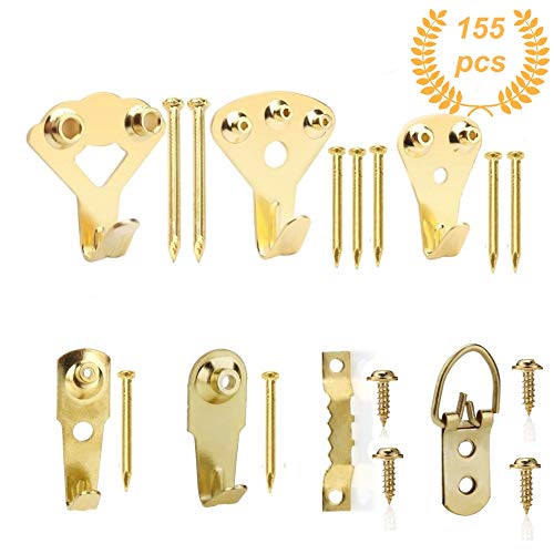 Picture Hangers, Quality Assorted Picture Hanging Kit, 155pcs Professional Photo Frame Hooks Heavy Duty Frame Hooks Hardware with Nails, Screws, D Ring and Sawtooth for Wall Mounting