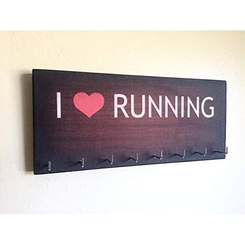 Race Medal Holder/Running Medal Hanger - I LOVE RUNNING (red heart). Wood Wall Mounted Medal Organizer