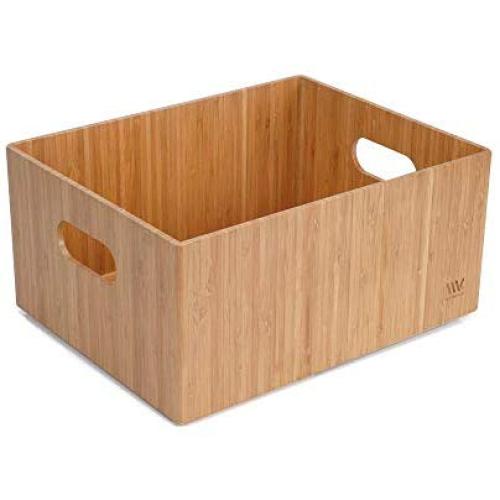 Bamboo Storage Boxes Multi-Purpose Organizer for Kitchen Supplies Holder, Fruit Bin, Cabinets, Pantry with built in handles, stackable, 11” x 14” x 6.5”