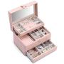 Vlando Mirrored 3 Layers Jewelry Boxes Organizer with Handle, One-Handed High Capacity Soft PU Leather Wooden Decorative Jewelry Storage Case for Bracelets, Earrings, Rings, Necklaces, Brooches (Pink)