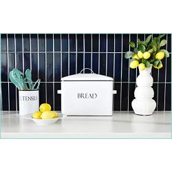 Outshine Vintage Metal Bread Bin - Countertop Space-Saving, Extra Large, High Capacity Bread Storage Boxes for your Kitchen - Holds 2+ Loaves 13" x 10" x 7"- White with BREAD Lettering