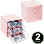 mDesign Stackable Plastic Eye Glass Storage Organizer Boxes Holder for Sunglasses, Reading Glasses, Accessories - 3 Divided Drawers, Chrome Pulls, 2 Pack - Light Pink/Clear