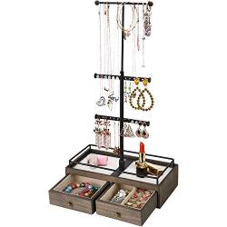 Keebofly Jewelry Organizer Metal & Wood Basic Storage Boxes - 3 Tier Jewelry Stand for Necklaces Bracelet Earrings Ring Carbonized Black and Weathered Grey