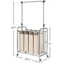 Bonnlo 4-Bag Laundry Sorter with Hanging Bar, Heavy-Duty Wheels, Removable Bags and Brake Carters, Beige