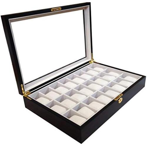 4 Less CO 24 Piece Ebony Walnut Wood Mens Watch Boxes Display Case Collection Jewelry Boxes Storage Glass Top - 108724E