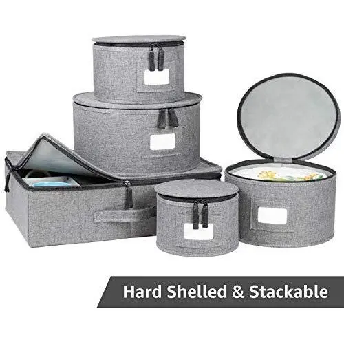 China Storage Set, Hard Shell and Stackable, for Dinnerware Storage and Transport, Protects Dishes Cups and Mugs, Felt Plate Dividers Included (Grey) China Storage Set, Hard Shell and Stackable, for Dinnerware Storage and Transport, Protects Dishes Cups and Mugs, Felt Plate Dividers Included (Grey)