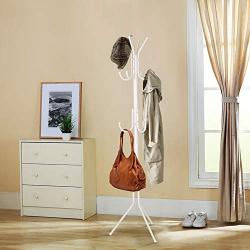 INTEY Standing Coat Rack 11 Hooks Hanger Holder Hooks for Dress Jacket Hat and Umbrella Tree Stand Base Metal, White