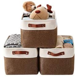 DECOMOMO Foldable Storage Bin [3-Pack] Collapsible Sturdy Cationic Fabric Storage Basket Cube W/Handles for Organizing Shelf Nursery Home Closet & Office (Brown and White, Large - 15 x 11 x 9.5)