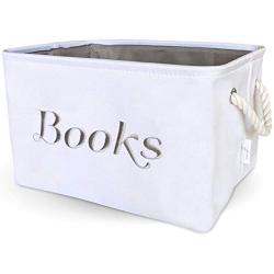 Books Basket, Storage & Organizer Bin for Kids, Baby. White Canvas Fabric Decorative Boxes with Gray Embroidering.