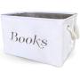 Books Basket, Storage & Organizer Bin for Kids, Baby. White Canvas Fabric Decorative Boxes with Gray Embroidering.