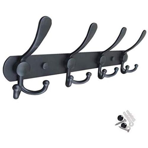 Wall Mount Coat Rack Hooks Hanger, Heavy Duty Stainless Steel Hat Clothes Holder Metal Rail 4 Tri Hanger for Entryway Bathroom Closet Room, Black