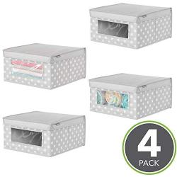 mDesign Soft Stackable Fabric Closet Storage Organizer Holder Boxes - Clear Window and Lid, for Child/Kids Room, Nursery, Playroom - Polka Dot Print - Medium, 4 Pack - Light Gray with White Dots