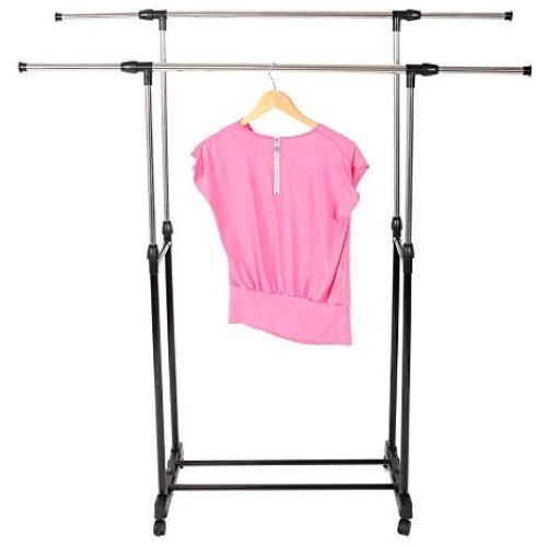 Black & Silver Portable Rolling Adjustable Clothes Rack Double Rail Hanging Garment Bar Heavy Hanger Space Saving Design Compact Durable