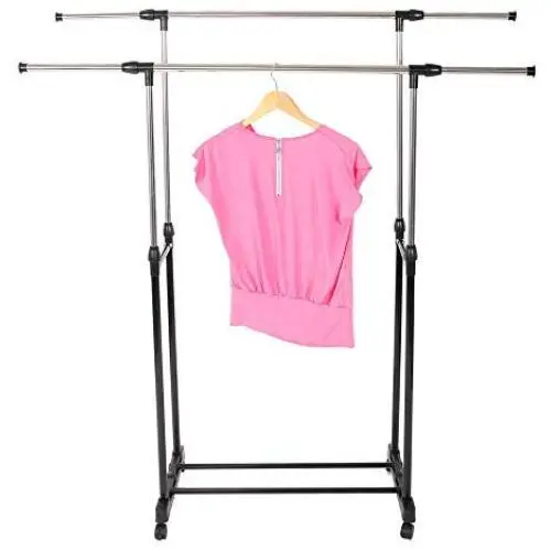 Black & Silver Portable Rolling Adjustable Clothes Rack Double Rail Hanging Garment Bar Heavy Hanger Space Saving Design Compact Durable