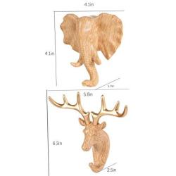SOPRETY Animal Shaped Coat Hooks Elephant Deer Head Hooks 2pcs Wall Mounted Creative Hanger Decoration 3D Wall Hooks for Keys, Bags, Clothes, Towel, Living Room, Bedroom, Bathroom, Wood Grain