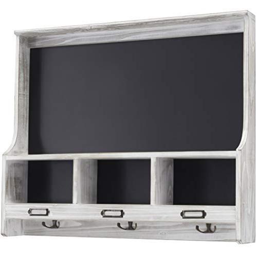 Grey Wooden Wall Mounted Hanging Entryway Shelf with Chalkboard with Chalkboard & 3 Double Hooks. 20&quotx24" Use as Coat Rack, hat Organizer, Key Holder in Mudroom, Kitchen, Bathroom, Hallway, Foyer