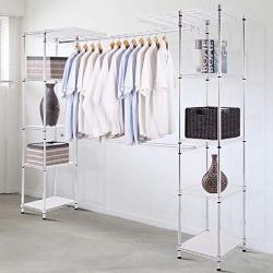 White Expandable Standing Closet Clothes Hanger Rack Metal Storage Shelf Hooks Hat Shoes Steel Household Laundry Clothesline Clothing, Iron, Garment, Apparel, Indoor, Washing Line, Headgear