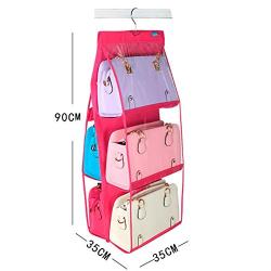 Wangmeili 6 Pockets Handbag Hanging Purse Storage Anti-dust Cover Large Clear Bag Holder Organizer Closet Rack Hangers Save Space (Pink)