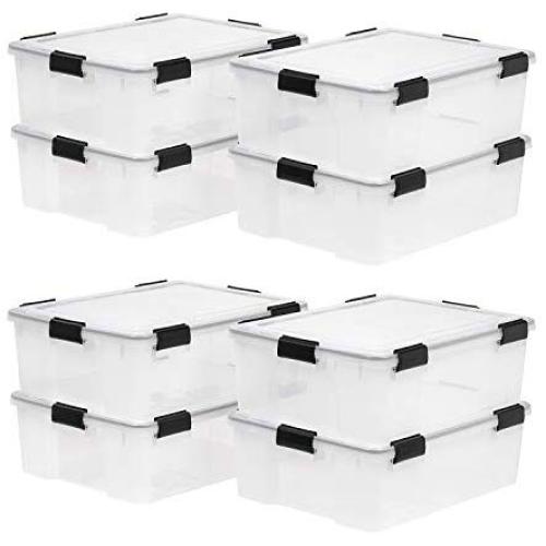 IRIS USA 41-Quart Stackable Plastic WEATHERTIGHT Clear Storage Boxes with Reinforced Lid, 8 Pack