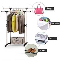 SRETAN Clothes Rack Portable Rolling Hanger Shelf Garment Bar Adjustable Heavy Duty Silver Black Double Bar Indoor Outdoor Stainless Steel Plastic (B1)