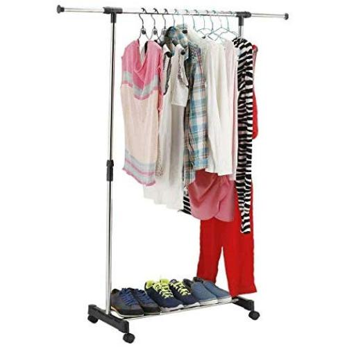 Cypress Shop Single Rack Bar Pole Portable Adjustable Hanging Rail Clothing Shelf Rack Garment Rolling Trolley Cart Cloth Hanger Heavy Duty Open Closet Clothes Storage Organizer Home Furniture