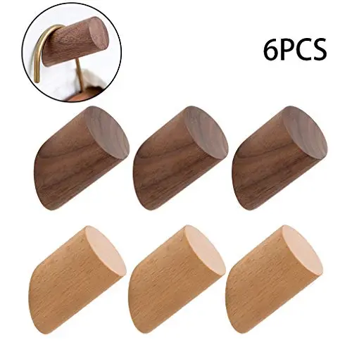 DI QIU REN 6 Pack Wooden Coat Hooks, Heavy Duty Wall Mounted Single Hook Handmade Decorative Craft Clothes Hanger, (3 White 3 Black)