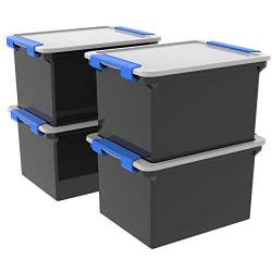 Storex Storage File Tote with Locking Handles, Black/Silver, 4-Pack (61543U04C)