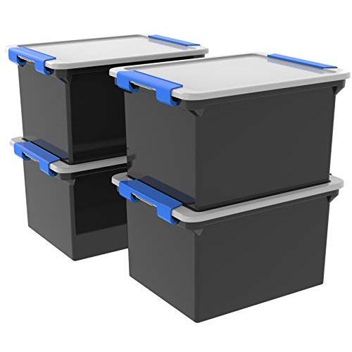 Storex Storage File Tote with Locking Handles, Black/Silver, 4-Pack (61543U04C)