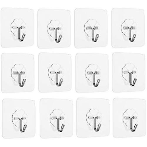 Ninth Five Adhesive Stainless Steel Hooks(13.2lb/6kg) Heavy Duty Sticky Wall & Ceiling & Door Hooks, Clear Reusable Hook for Bathroom and Kitchen No Scratch Waterproof and Oilproof (12 Pack)