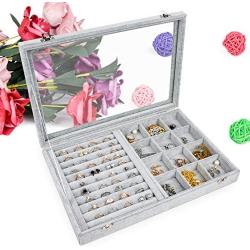 Yomitt Ice Velvet Clear Lid Jewelry Boxes Organizer with Lock 7 Rows Earring Ring Case 12 Grid Jewelry Storage Boxes for Girls,Gray(2 in 1)