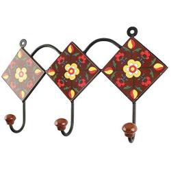 Indianshelf Handmade 1 Artistic Vintage Brown Ceramic Floral Key Hooks Tile Hanger/Hooks for Hanging Coats