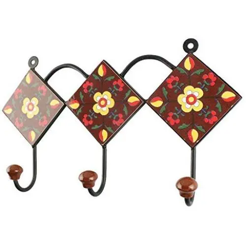 Indianshelf Handmade 1 Artistic Vintage Brown Ceramic Floral Key Hooks Tile Hanger/Hooks for Hanging Coats Indianshelf Handmade 1 Artistic Vintage Brown Ceramic Floral Key Hooks Tile Hanger/Hooks for Hanging Coats
