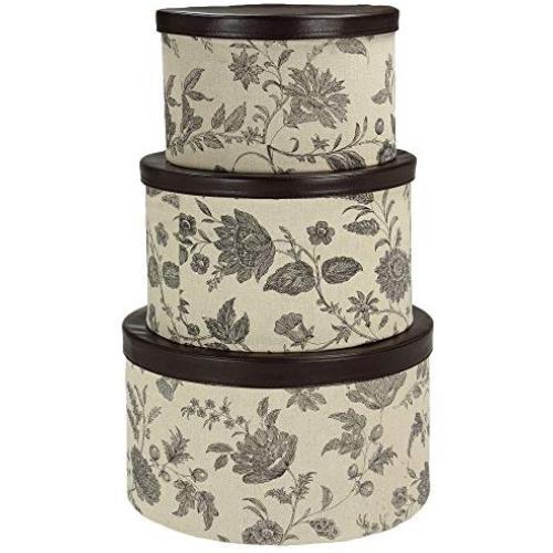 Household Essentials 3-Piece Hat Boxes Set with Faux Leather Lids, Floral Pattern