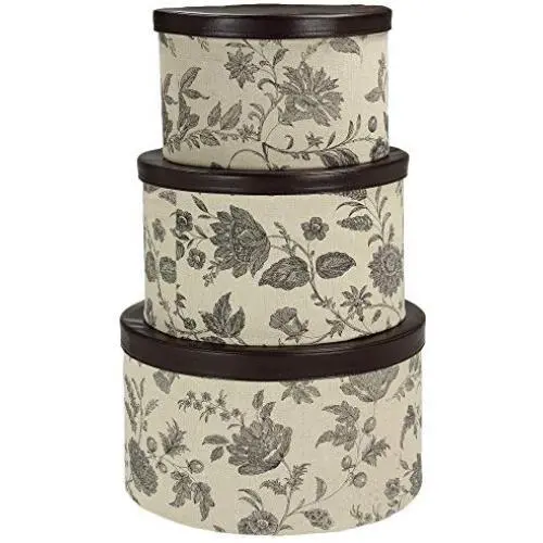 Household Essentials 3-Piece Hat Boxes Set with Faux Leather Lids, Floral Pattern Household Essentials 3-Piece Hat Boxes Set with Faux Leather Lids, Floral Pattern