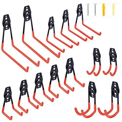 Upgraded Garage Hooks Heavy Duty 14 Pack Garage Organization & Storage System Hooks, Support Up to 87 lbs, Wall Mount Hooks for Organizing Power Tools, ladders, Bikes(Orange)