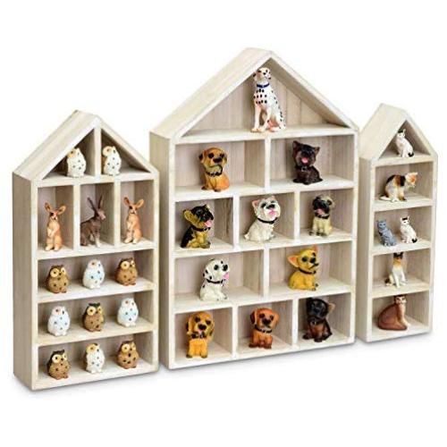 Ikee Design House-Shaped Wooden Shadow Cubby Boxes Display Shelf Toy Organizer Storage Shadow Boxes for Mini Toys Figures, Set of 3, Wash White Color, 10&quot W x 2 1/4&quot D x 15&quot H