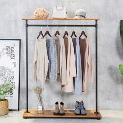 HANS CAO Heavy Iron Wood Clothes Rack, Garment Hanger, Floor Display Stand with Storage Shelf, Shoe Bag Display Rack, Retail Display Clothing Racks with Shelves